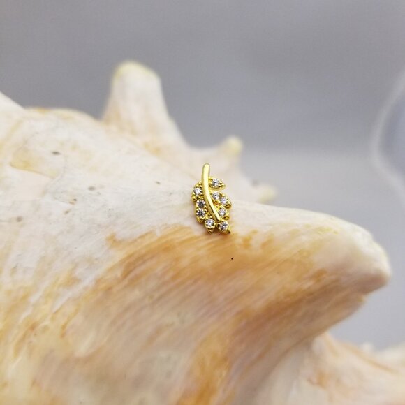 16G Gold leaf labret with clear CZ gems cartilage monroe internally threaded - Picture 2 of 3